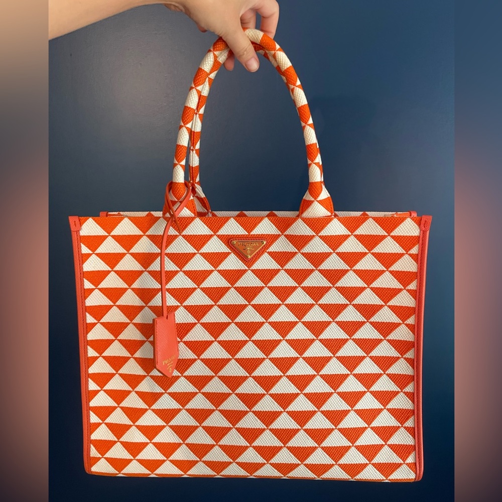 Large Prada Symbole embroidered fabric handbag